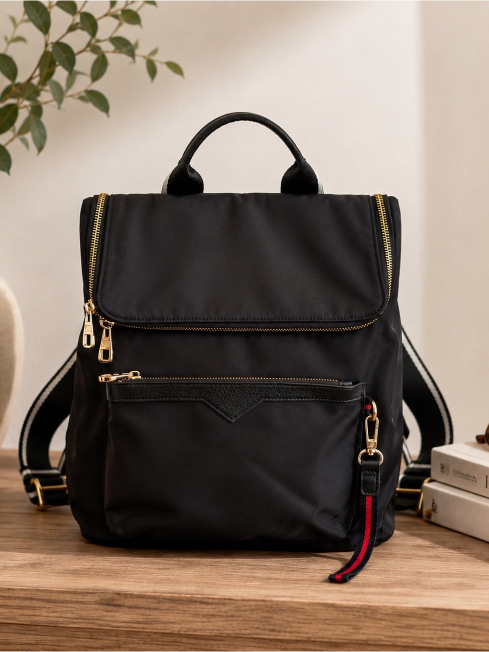 Black Nylon Backpack Bag with Gold Hardware